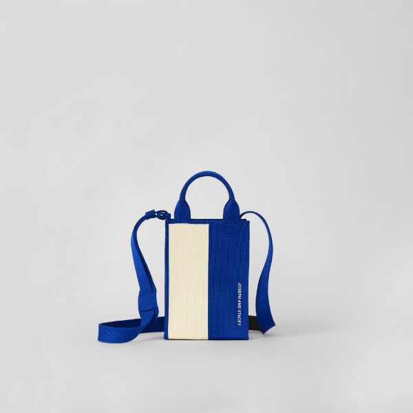 ラッキープリーツニットラティスニットクロスバッグ(S) ストライプアイボリーオンブルー