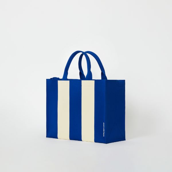 ラッキープリーツニットラティスニットトートバッグ(L) ストライプアイボリーオンブルー