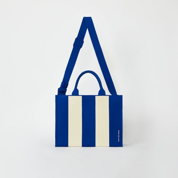 ラッキープリーツニットラティスニットトートバッグ(L) ストライプアイボリーオンブルー