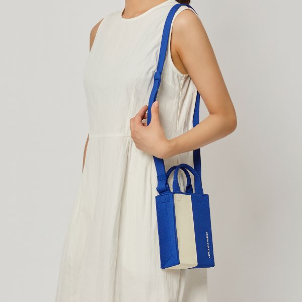 ラッキープリーツニットラティスニットクロスバッグ(S) ストライプアイボリーオンブルー