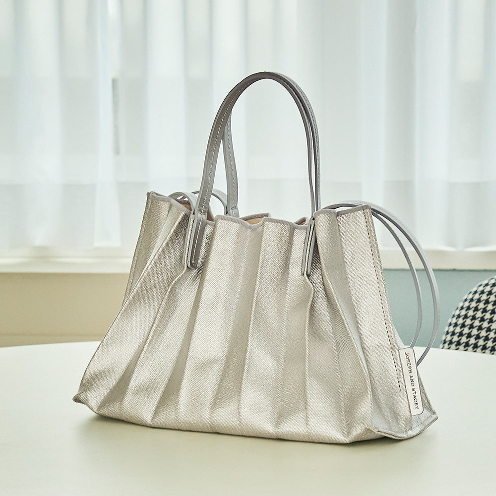 ラッキープリーツキャンバスリーフショッパー(S)マットシルバー